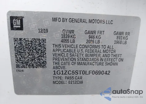 2020 Chevrolet Malibu Fwd 1Fl from USA, damaged, VIN 1G1ZC5ST0LF069042